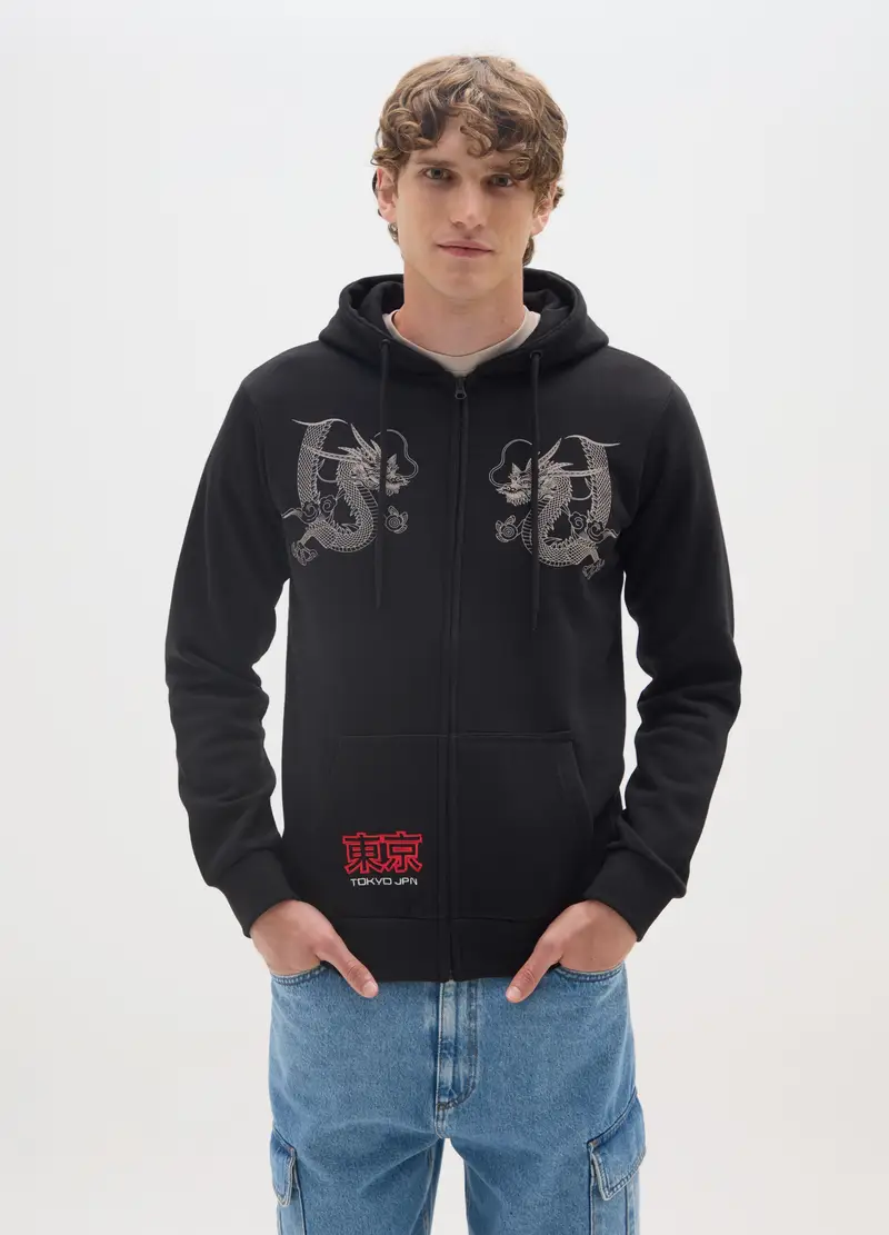 Felpa In Misto Cotone Nero Con Stampa, Uomo, Nero miniatura 2