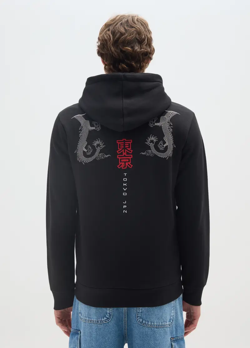 Felpa In Misto Cotone Nero Con Stampa, Uomo, Nero miniatura 3