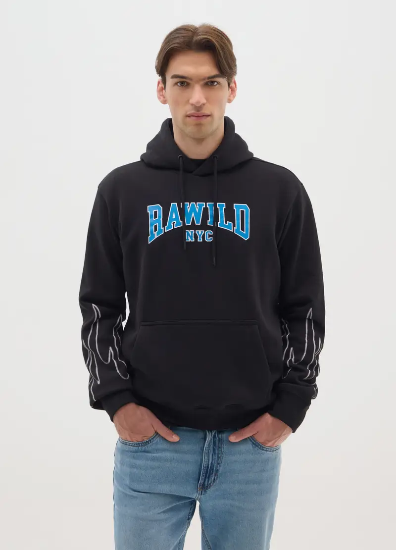 Felpa In Misto Cotone Nero Regular Fit Con Cappuccio, Uomo, Nero miniatura 2