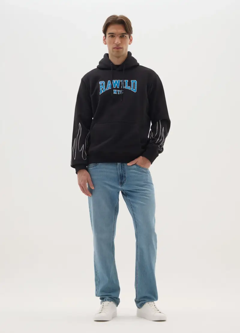 Felpa In Misto Cotone Nero Regular Fit Con Cappuccio, Uomo, Nero