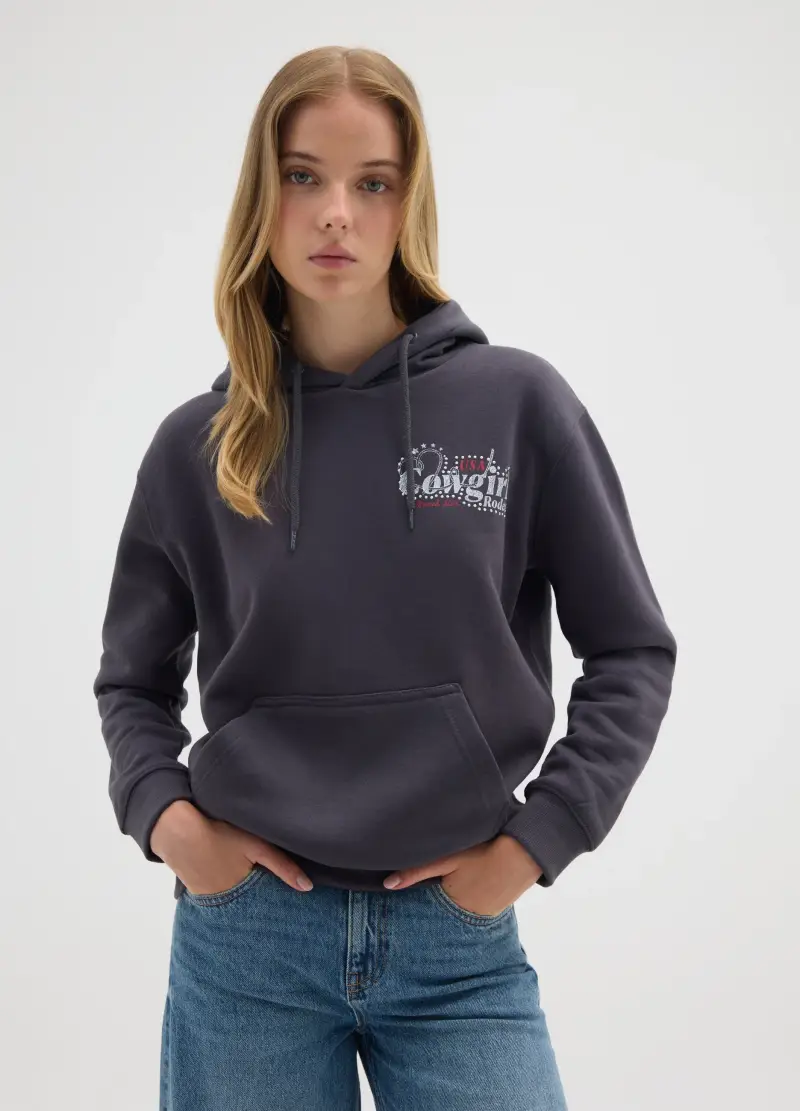 Felpa In Misto Cotone Nero Regular Fit, Donna, Nero miniatura 2