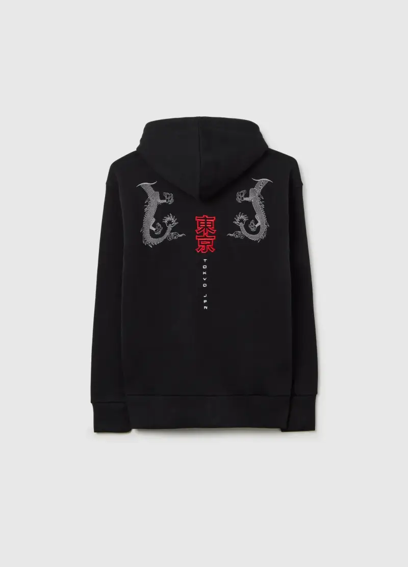 Felpa Nera Con Cappuccio E Draghi Ricamati, Unisex, Nero miniatura 2