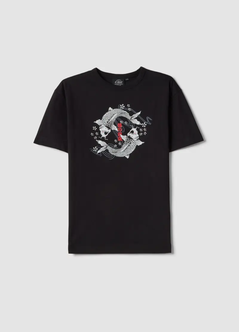 T-shirt In Puro Cotone Nero Da Bambino Oversize Fit Con Carpe Koi, Nero