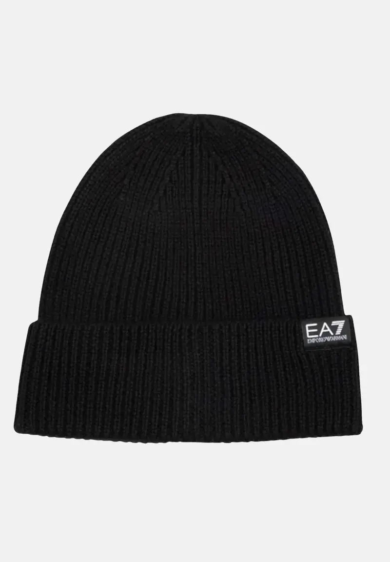 EA7 Berretto nero da uomo in maglia a costine con logo