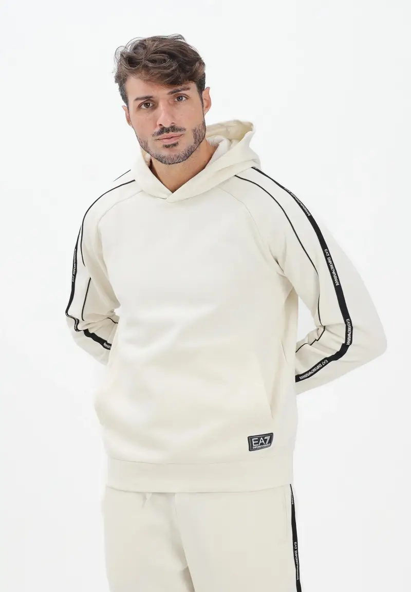 Felpa con cappuccio panna da uomo rifinita da bande logate a contrasto miniatura 2