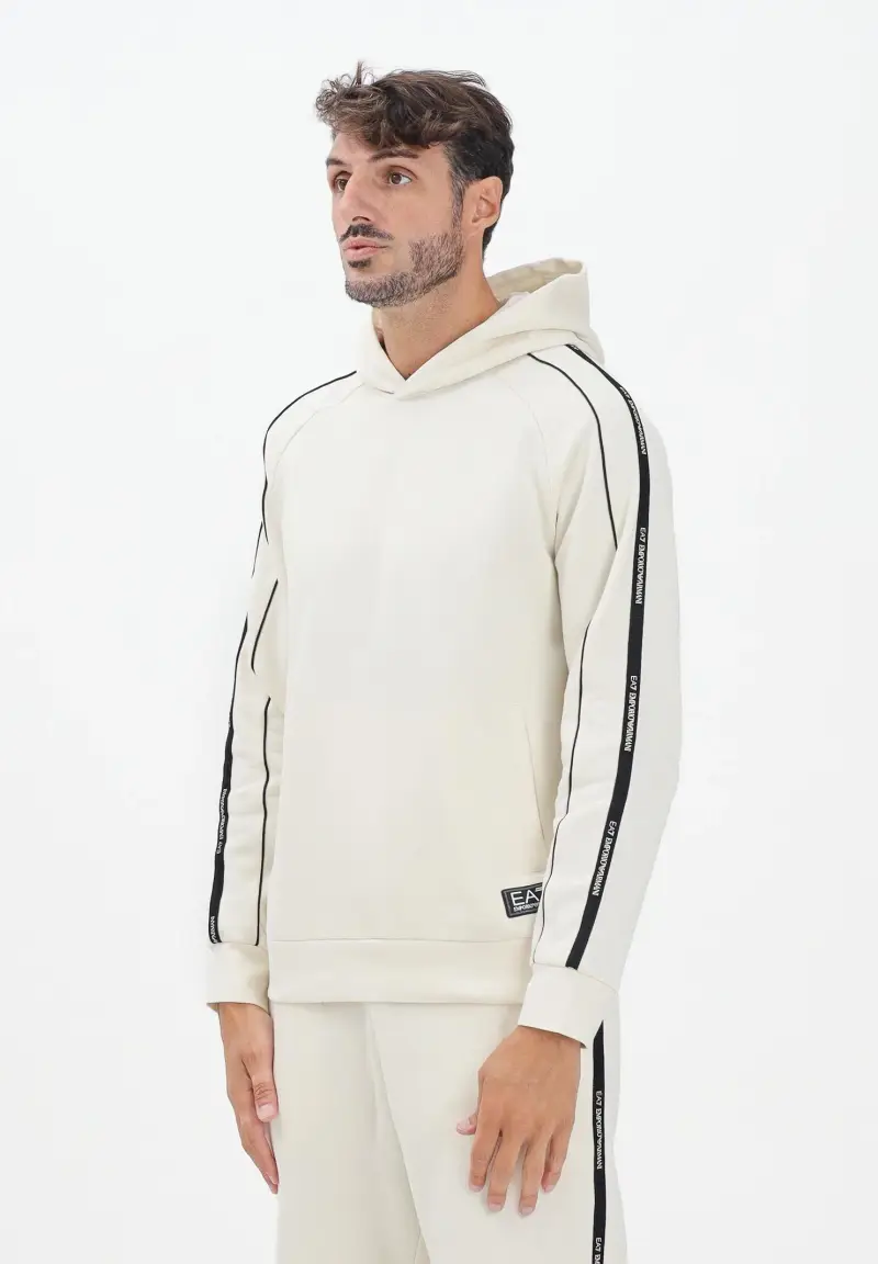 Felpa con cappuccio panna da uomo rifinita da bande logate a contrasto