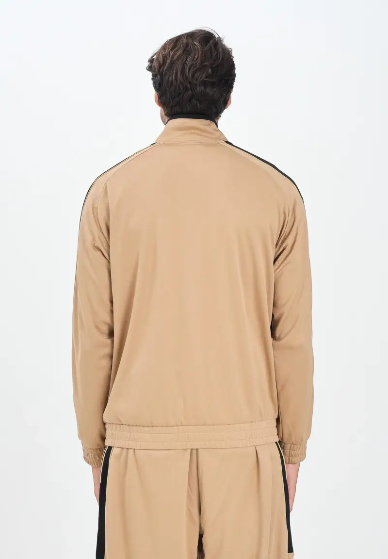 Felpa con zip beige da uomo rifinita da logo e bande laterali a contrasto miniatura 3