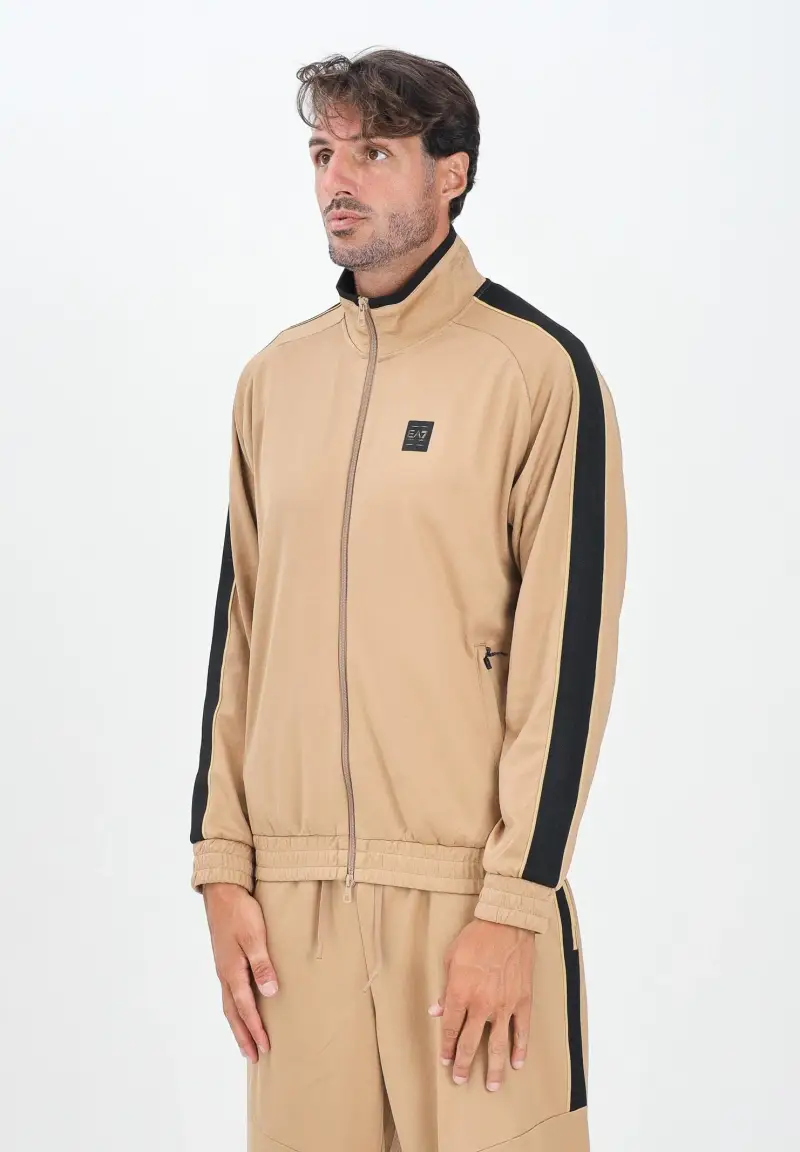 Felpa con zip beige da uomo rifinita da logo e bande laterali a contrasto
