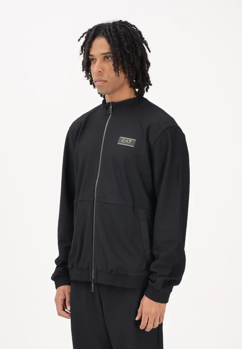 Felpa con zip nera da uomo con lavorazione micro-texture