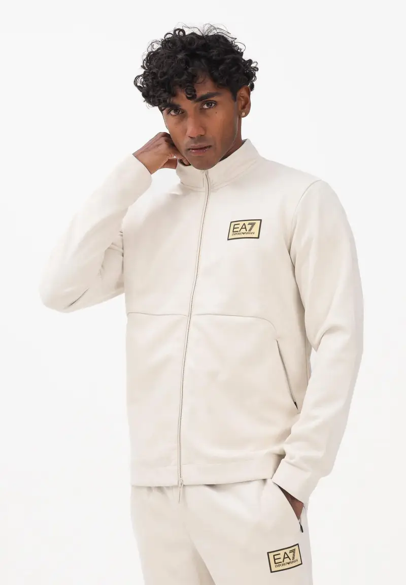 Felpa con zip panna da uomo in tessuto effetto scamosciato miniatura 2