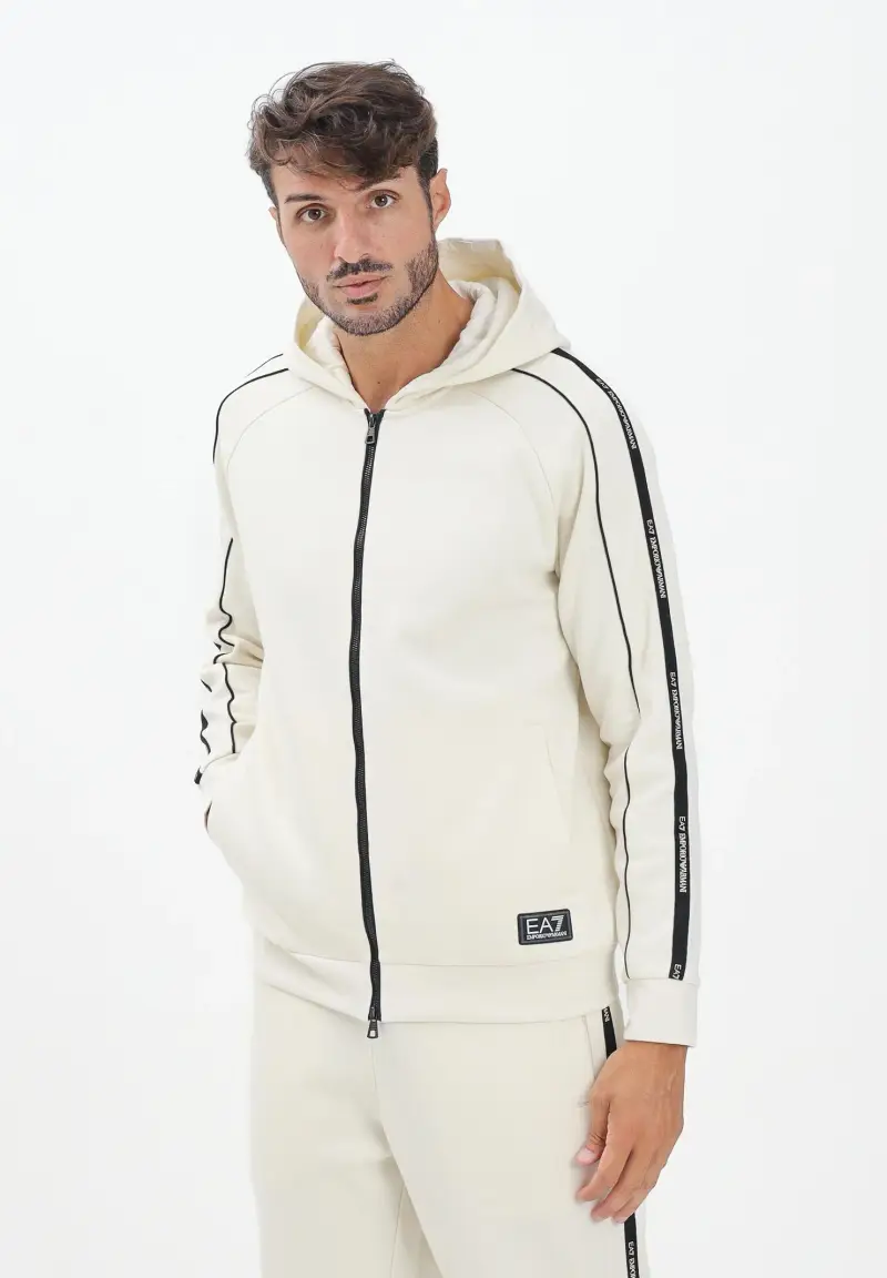 Felpa con zip panna da uomo rifinita da bande logate miniatura 2