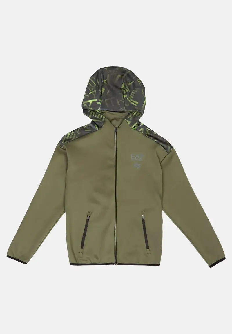 Felpa con zip verde oliva da bambino impreziosita da inserti con logo all-over