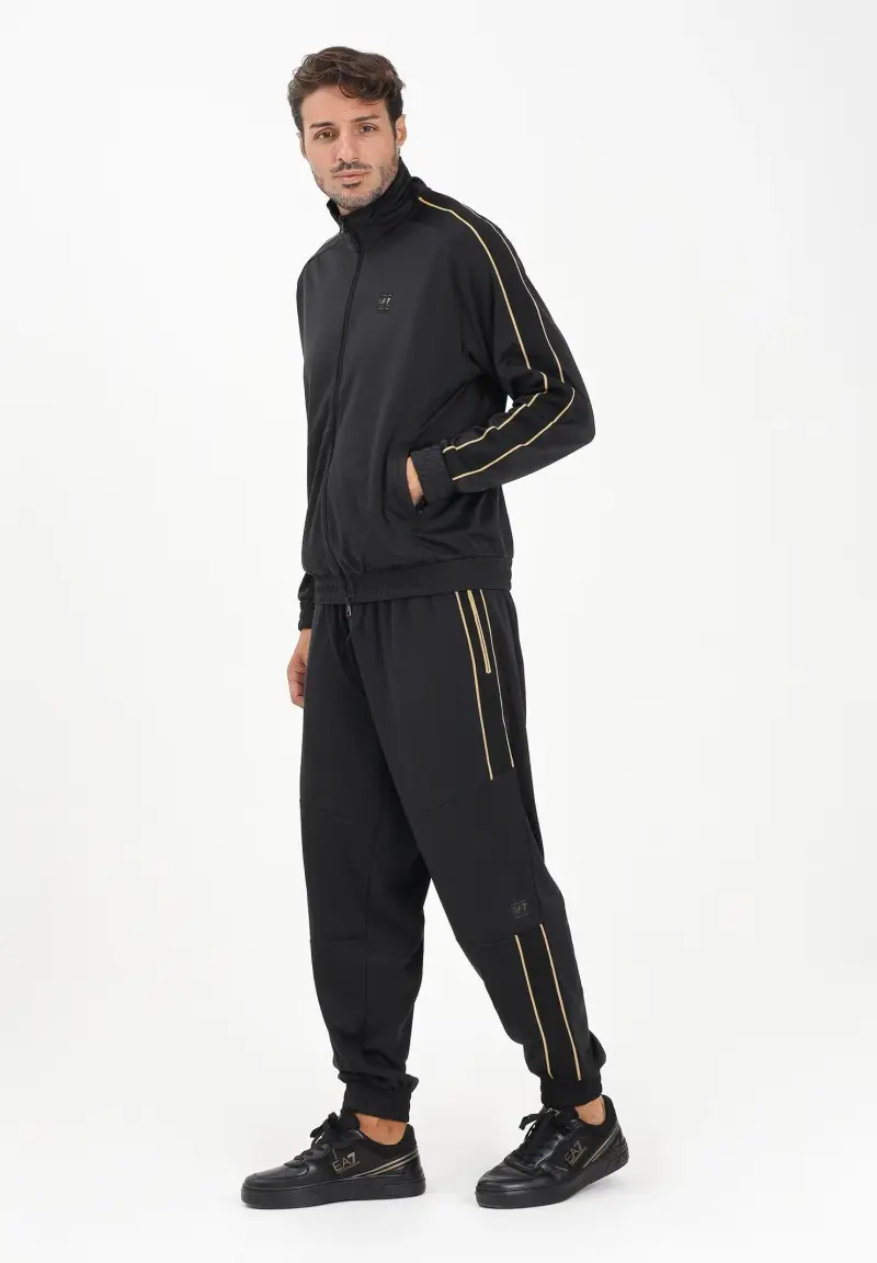 Pantalone sportivo nero da uomo con bande laterali e logo miniatura 2