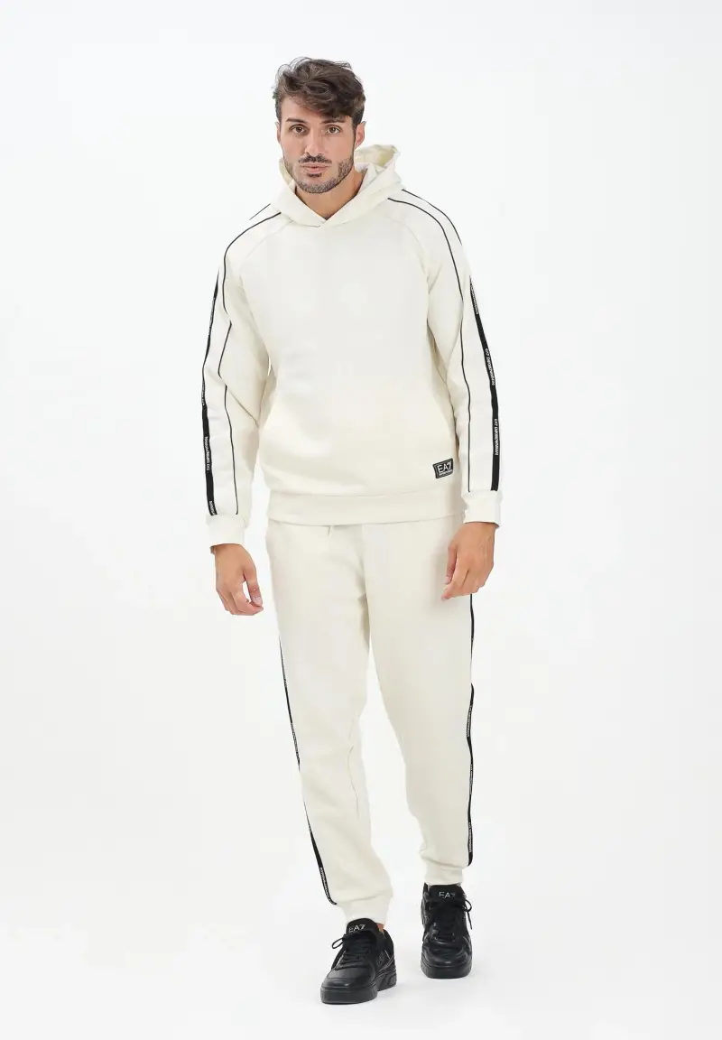 Pantalone sportivo panna da uomo con bande laterali logate miniatura 2