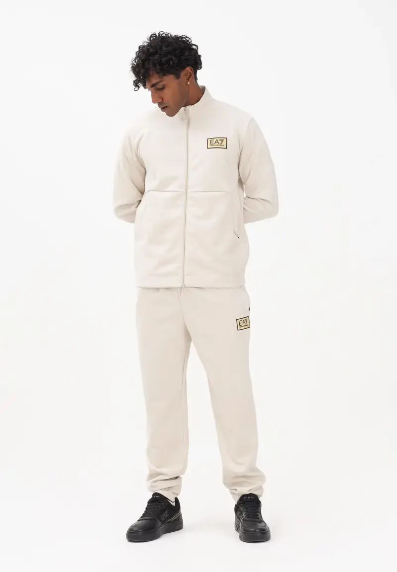 Pantalone sportivo panna da uomo in tessuto effetto scamosciato miniatura 2