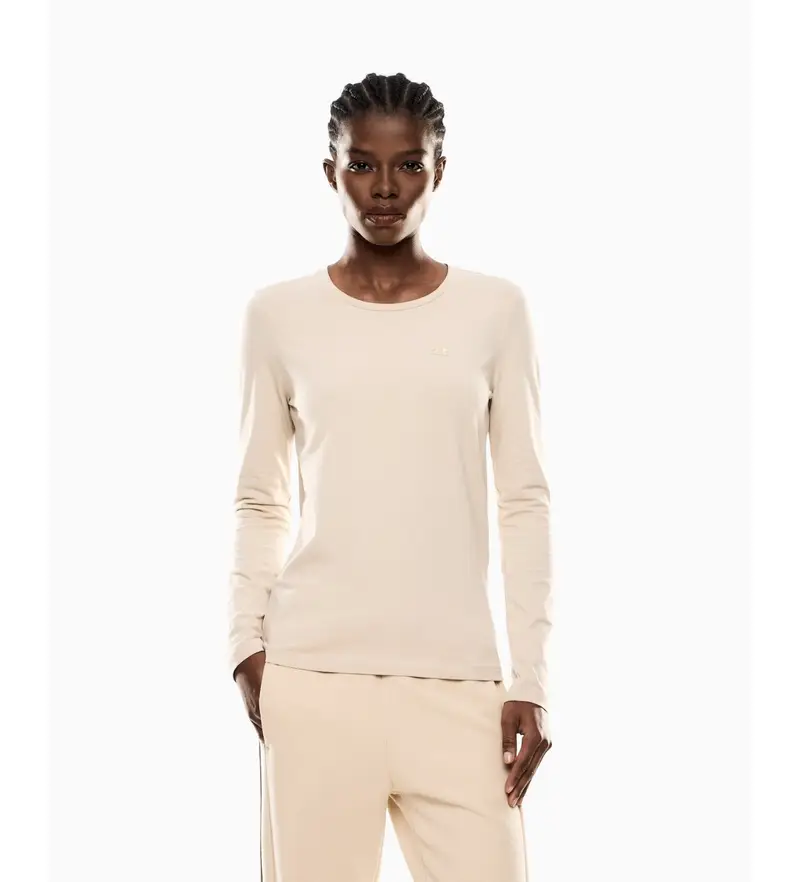 per donna 7W000456_AF10373 Maglietta a maniche lunghe in maglia elasticizzata beige (XXS), Casual, Cotone, Manica lunga