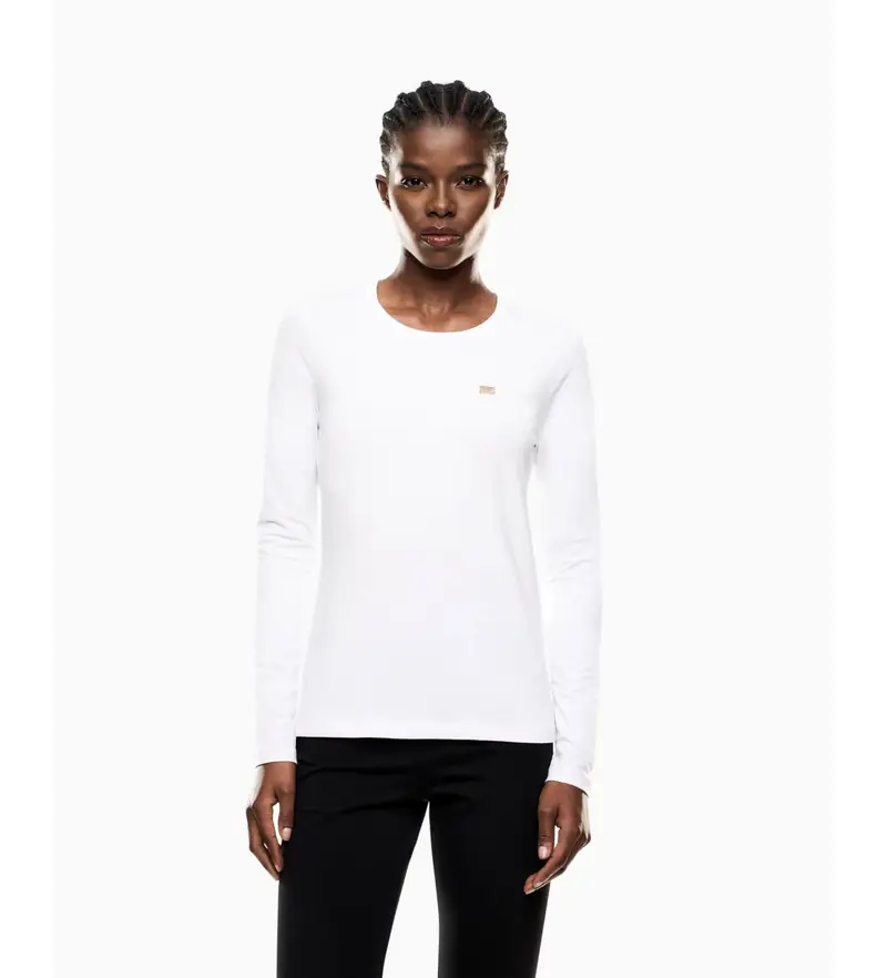 per donna 7W000456_AF10373 Maglietta elasticizzata bianca a maniche lunghe (XS), Bianco, Casual, Cotone, Manica lunga