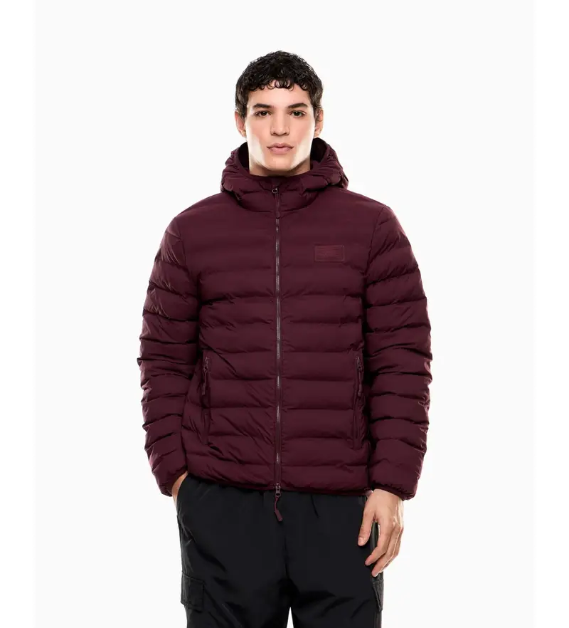 per uomo 7M000686_AF15953 Giubbotto imbottito in tessuto tecnico con cappuccio bordeaux (XS), Casual, Poliestere