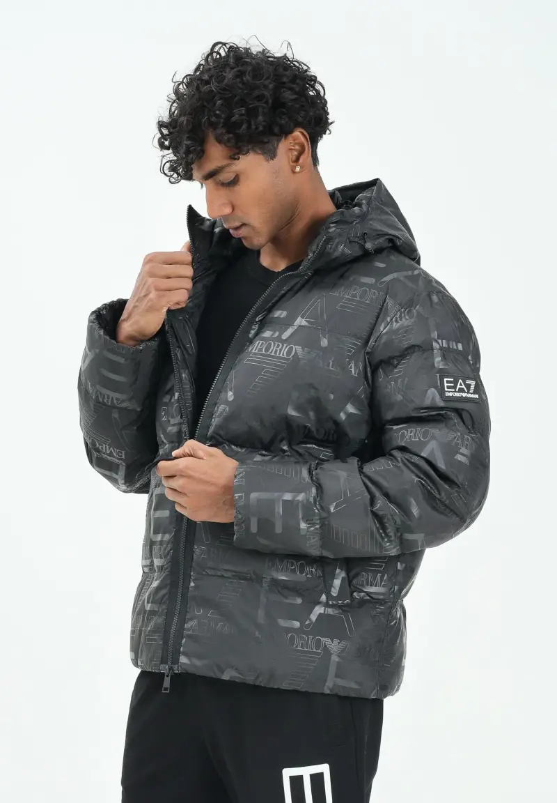 Piumino nero da uomo con stampa logo all-over miniatura 2