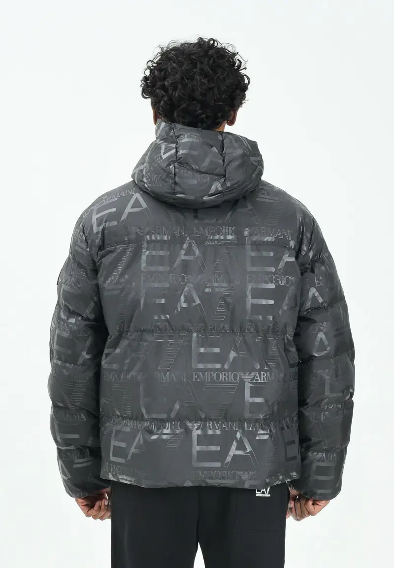 Piumino nero da uomo con stampa logo all-over miniatura 3