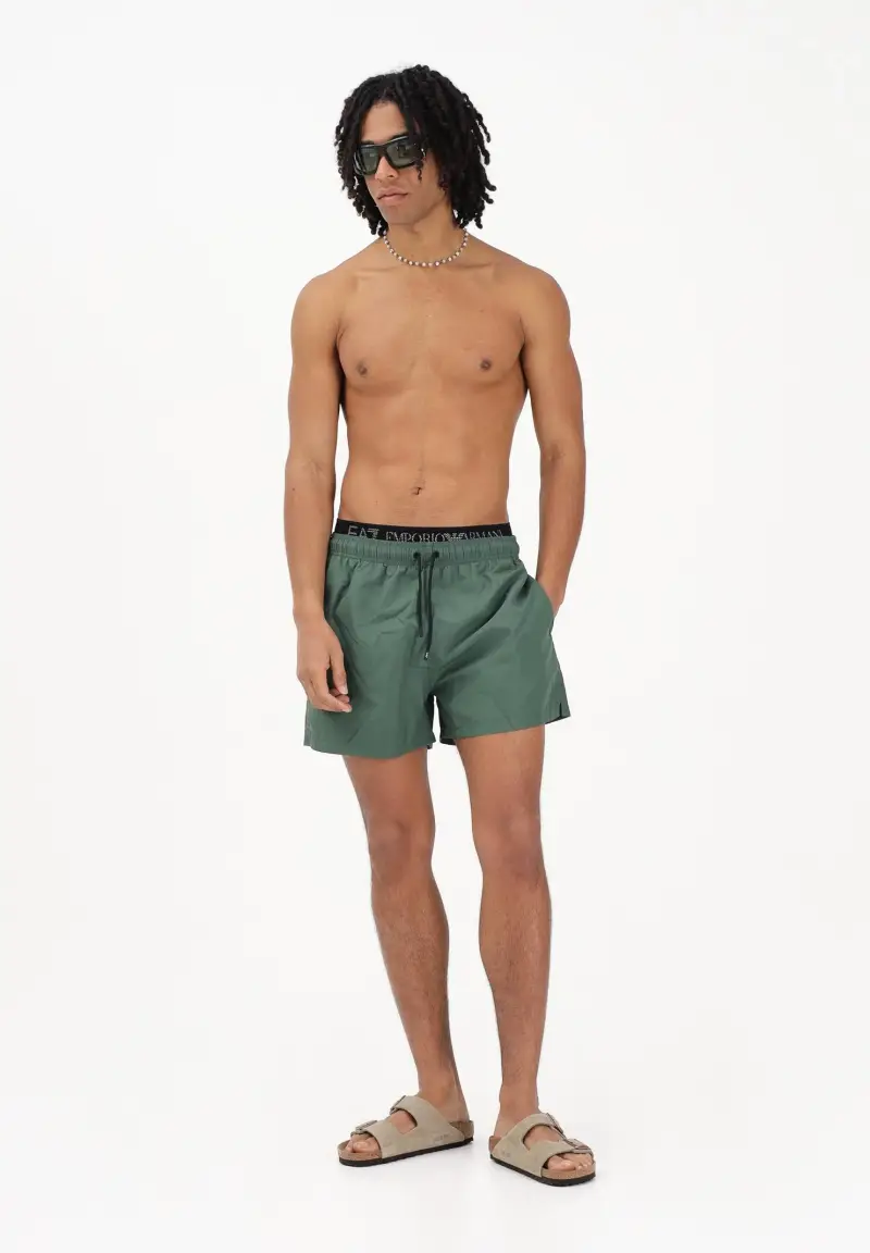 Shorts mare verde da uomo con coulisse a contrasto nera miniatura 2