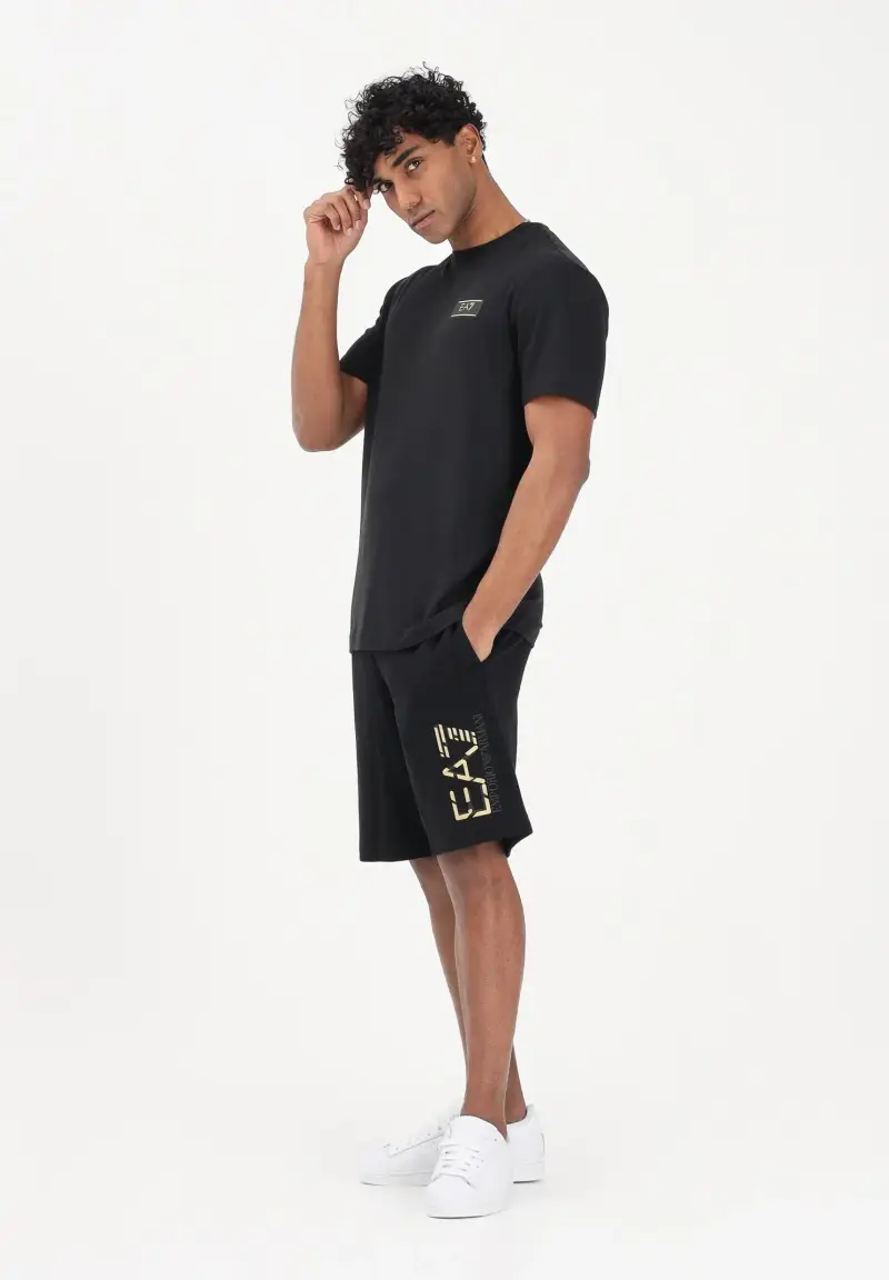 Shorts sportivo nero da uomo con stampa logo oro miniatura 2