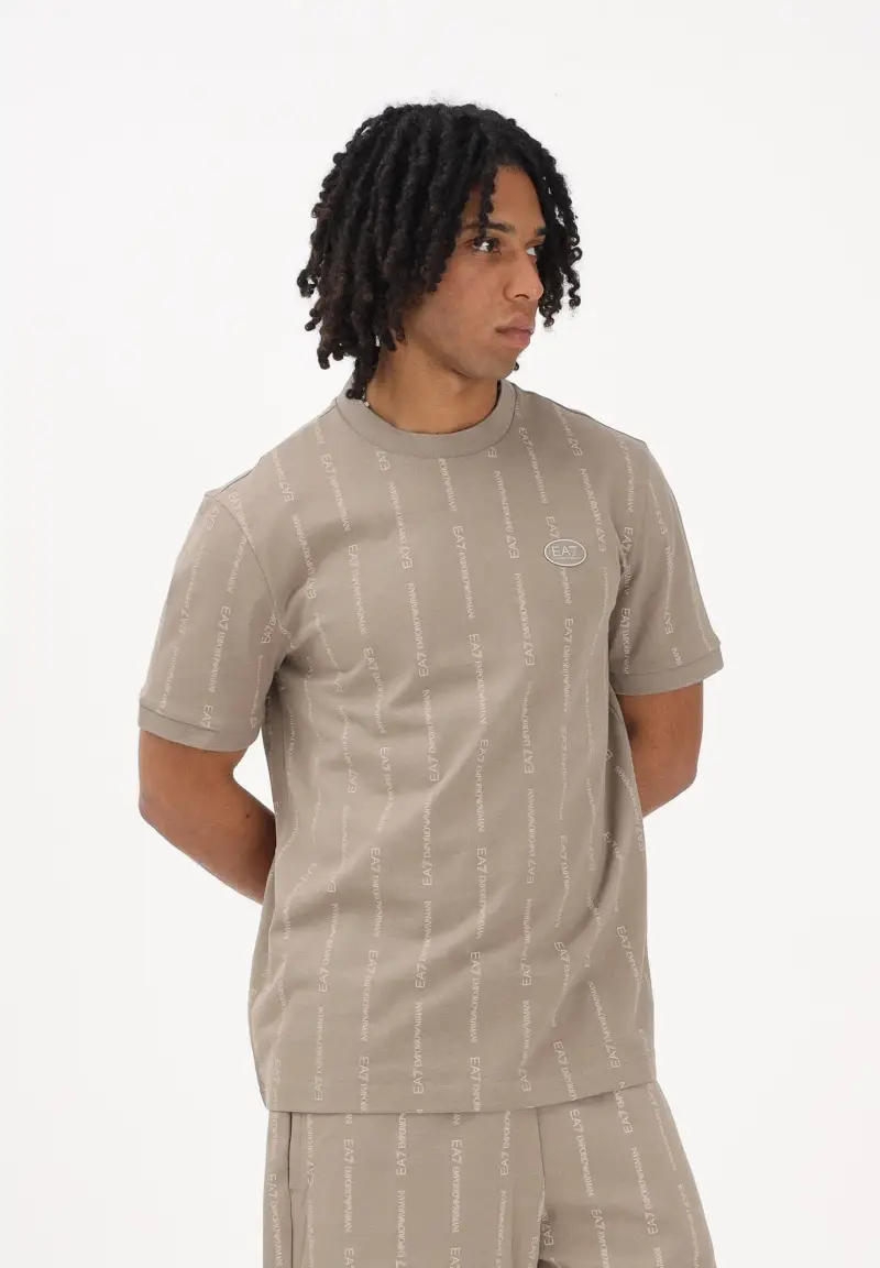 T-shirt a manica corta beige da uomo con logo all-over miniatura 2