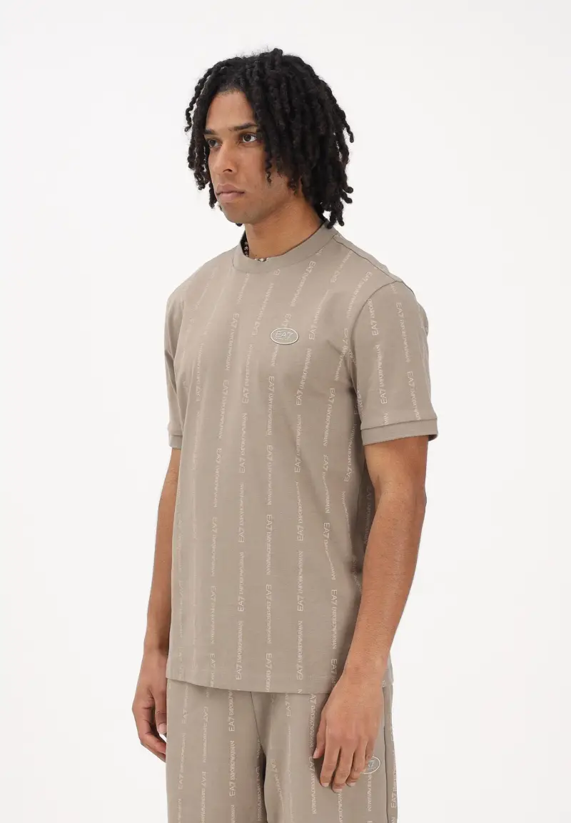 T-shirt a manica corta beige da uomo con logo all-over