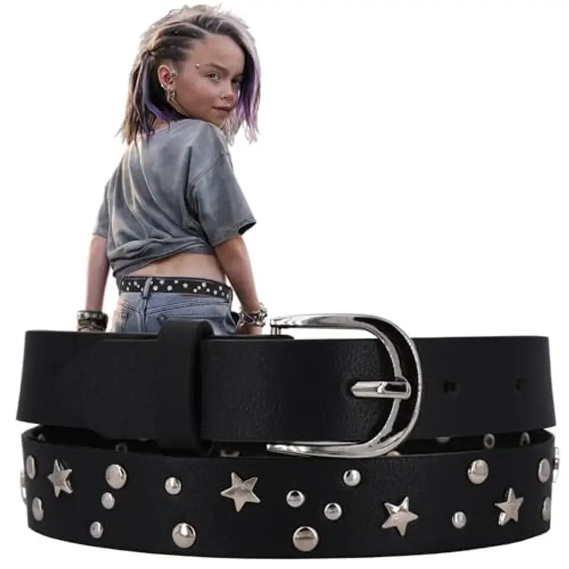 EANAGO Cintura borchiata >ROCKSTAR< per bambina - cintura nera moderna per ragazze da circa 3-12 anni - cintura ragazza
