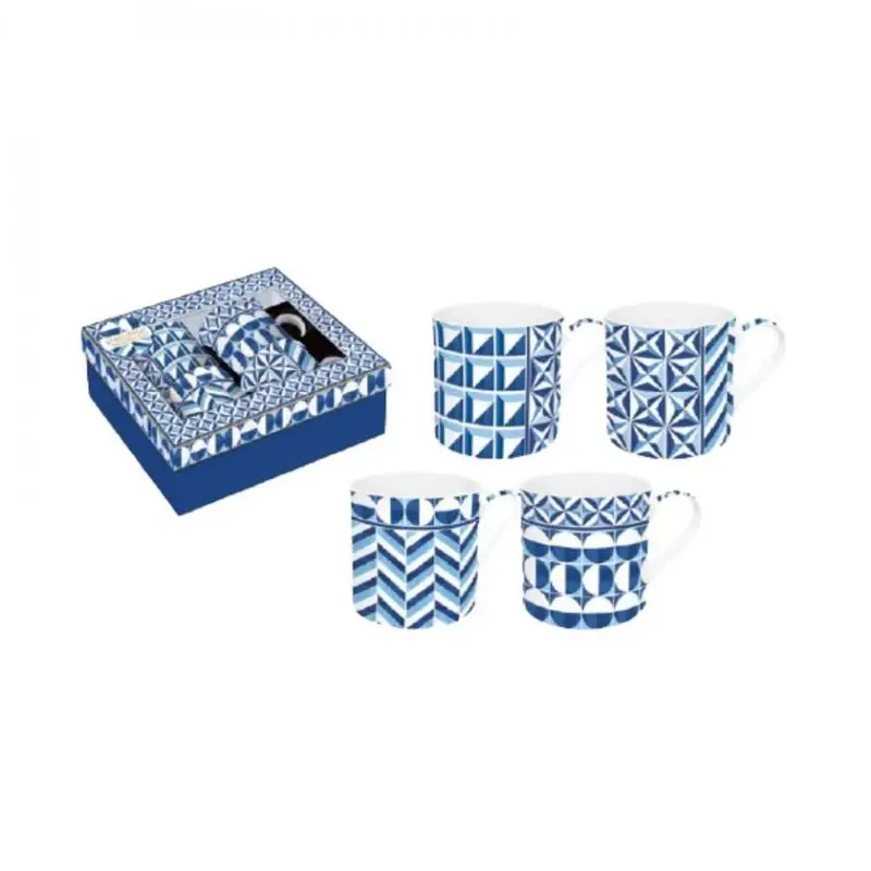 Set 4 Tazze In Porcellana Geometric Blue - Easy Life