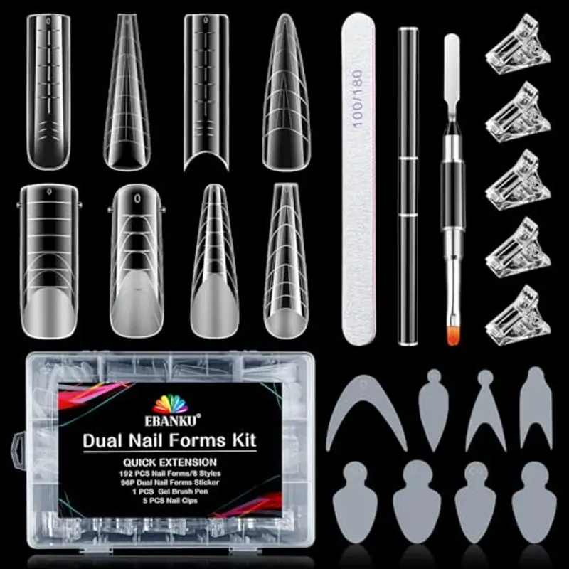 EBANKU 192 PCS Unghie Finte Nail System Dual Nail Form Matte Sistema per Unghie Strumenti per Manicure per Unghie con 96 Film per Unghie French Clip Pennello Polygel a Doppia Estremità e Lima