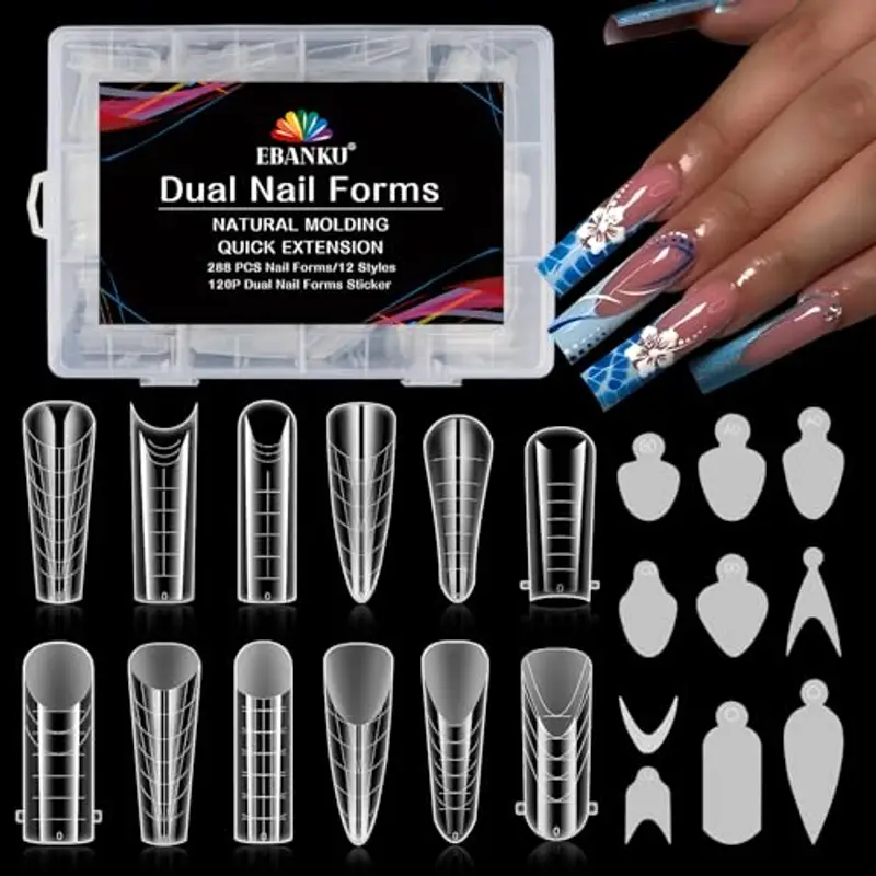 EBANKU 288 PCS Unghie Finte Nail System Dual Nail Form Matte Sistema per Unghie Strumenti per Manicure per Unghie con 120 Film per Unghie French Manicure (12 stili)