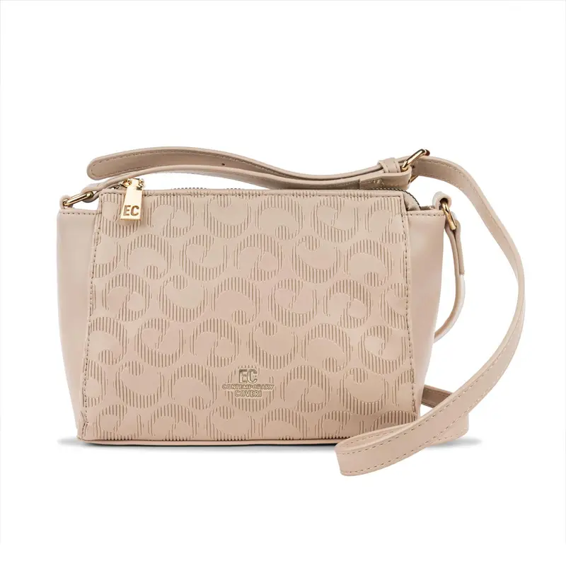 Borsa beige da donna con tracolla e stampa multi-logo