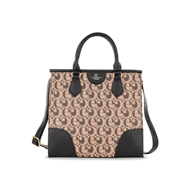 Borsa marrone e nera da donna con stampa multilogo e tracolla removibile