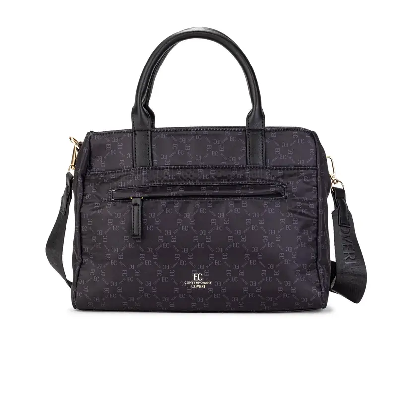 Borsa nera da donna con tasca frontale e tracolla in tessuto removibile