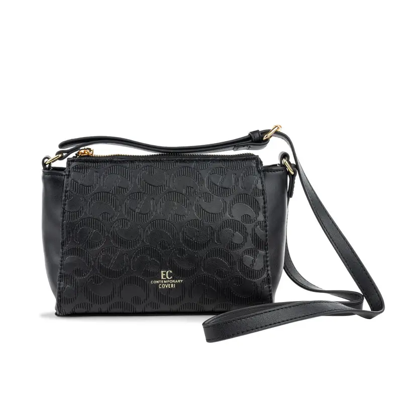 Borsa nera da donna con tracolla e stampa multi-logo