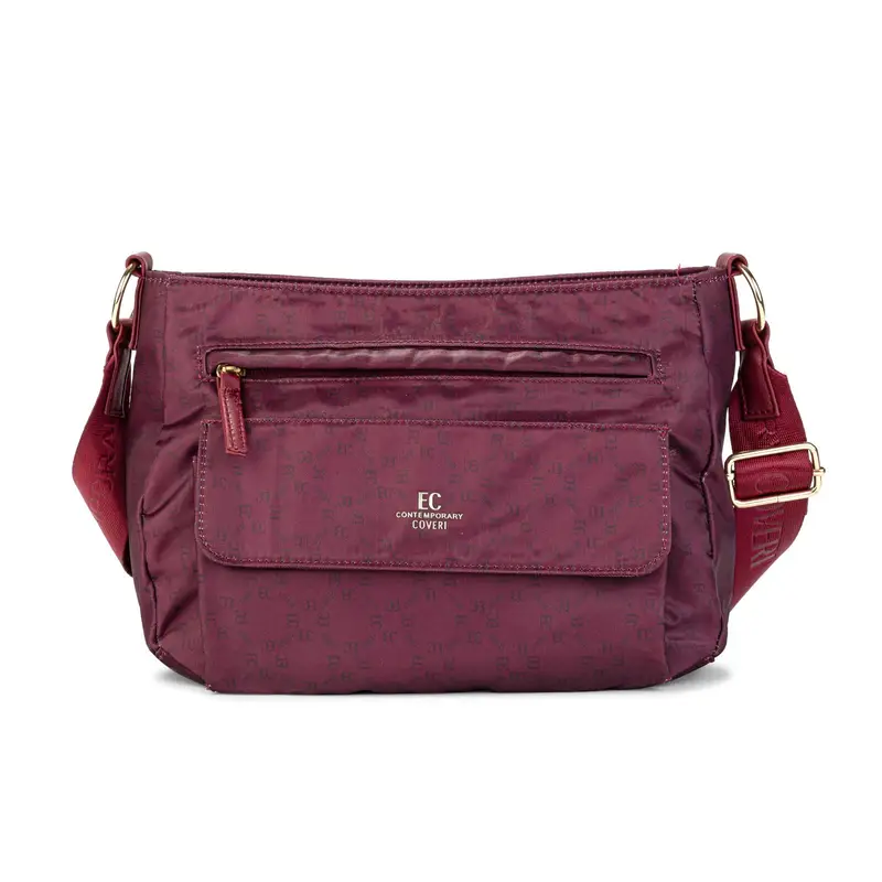 Borsa rossa da donna con tracolla in tessuto e stampa logo