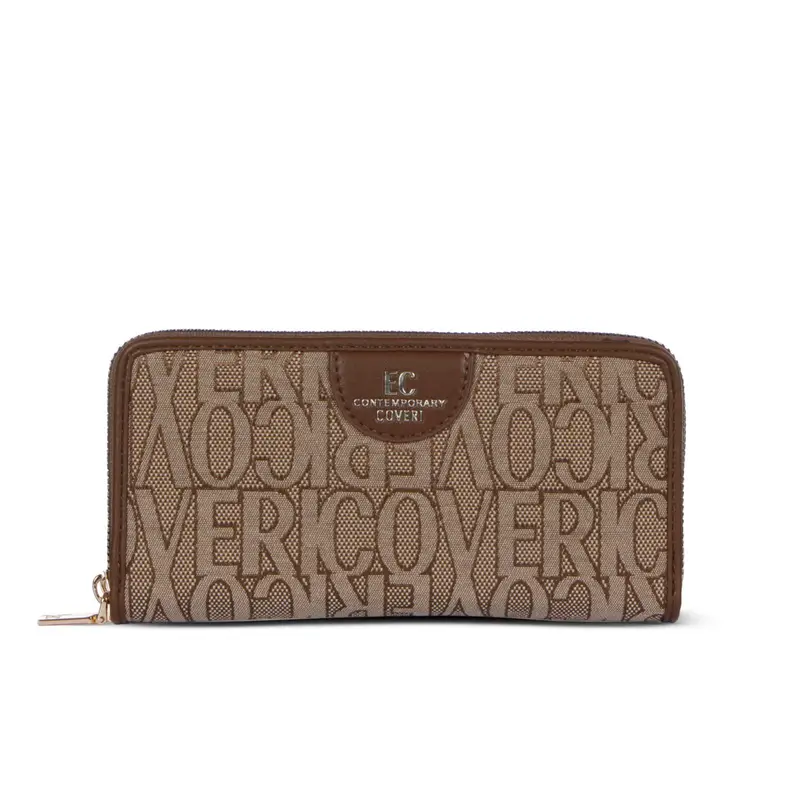 Portafoglio donna marrone in fantasia multilogo con zip