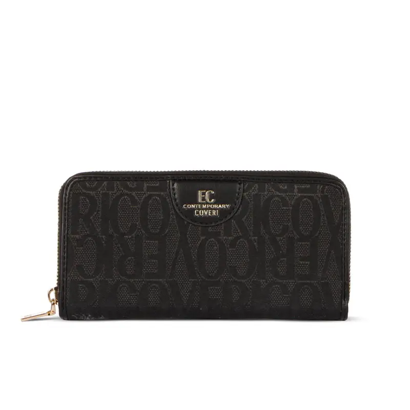 Portafoglio donna nero in fantasia multilogo con zip