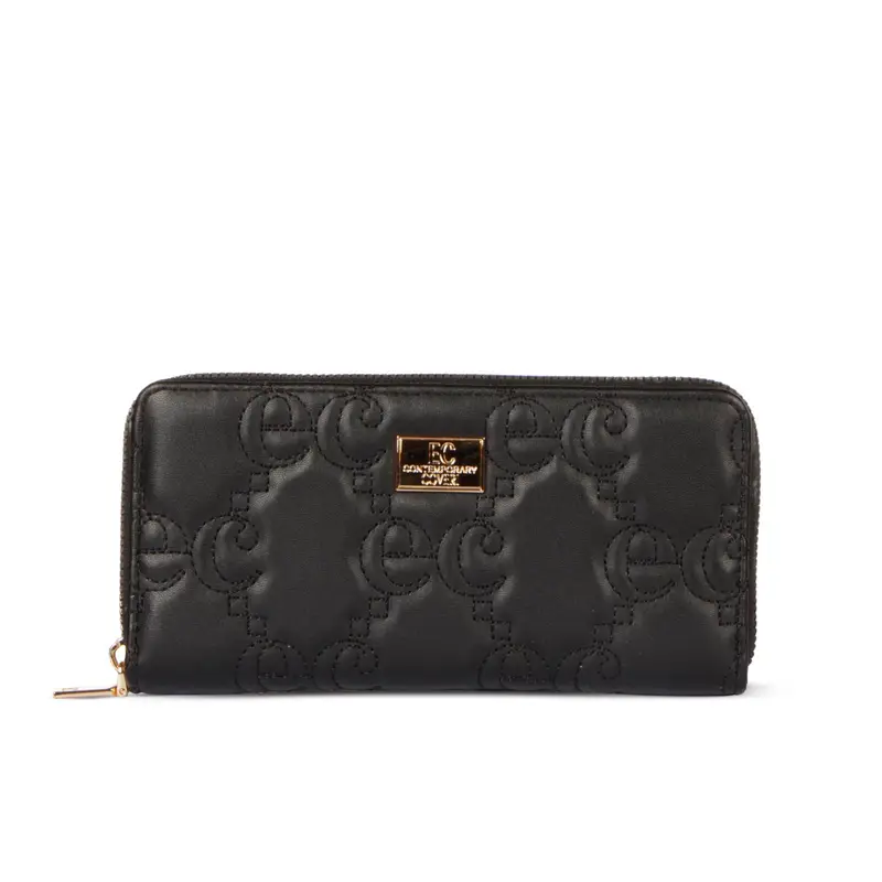 Portafoglio donna nero orizzontale con zip effetto trapuntato