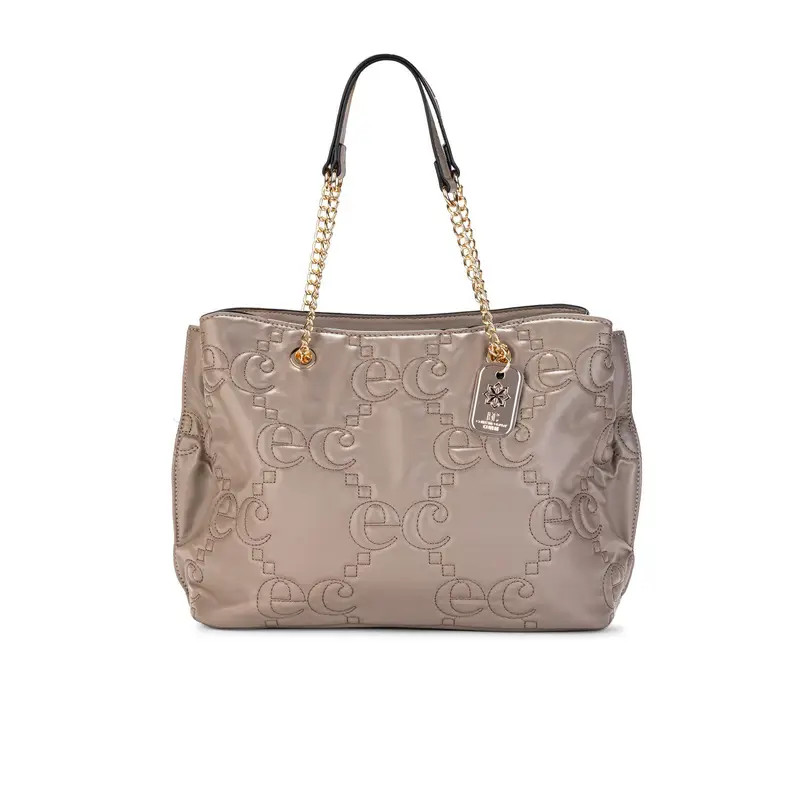 Shopper beige da donna con stampa multilogo e manico dettaglio catena