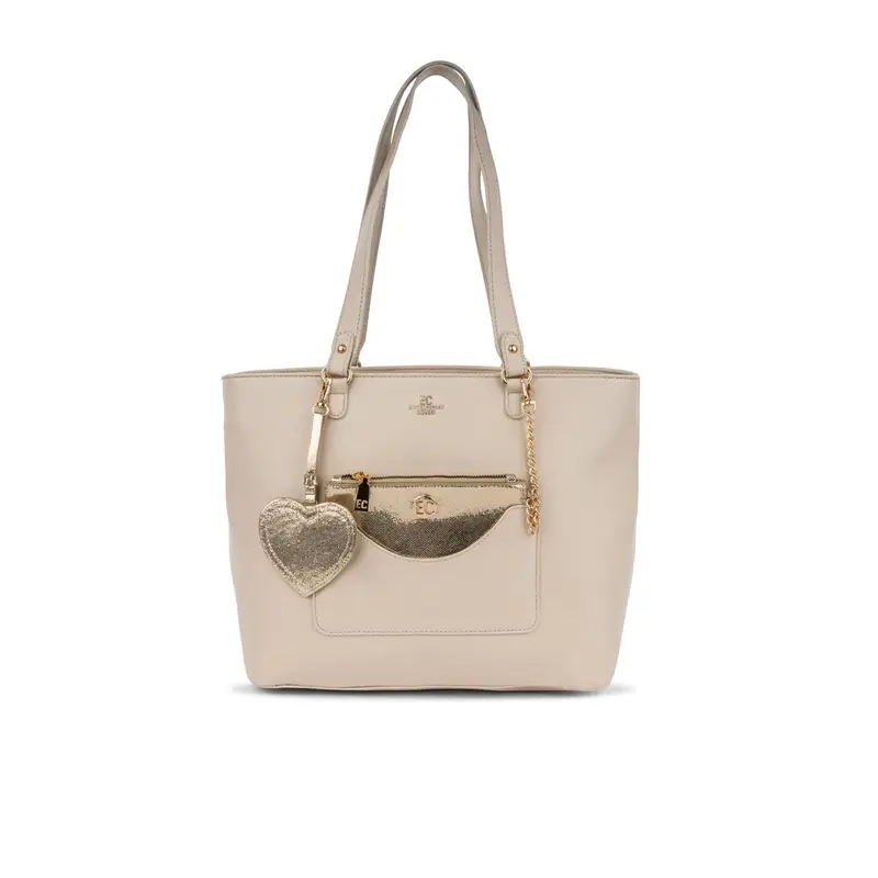 Shopper bianca da donna con ciondolo a forma di cuore e tasca frontale