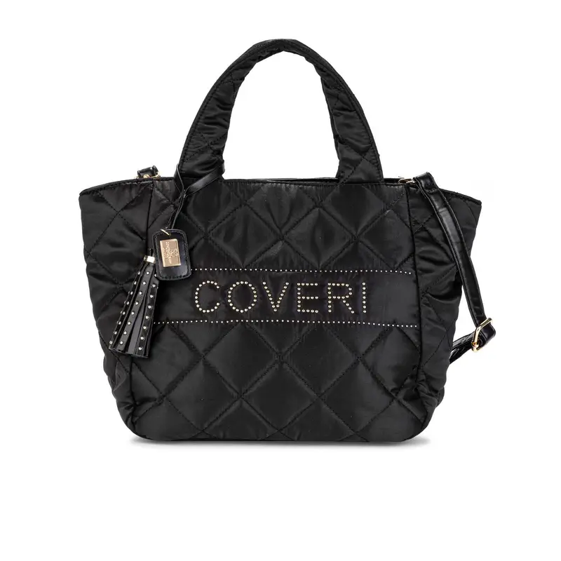 Shopper nera trapuntata con maxi logo con borchie