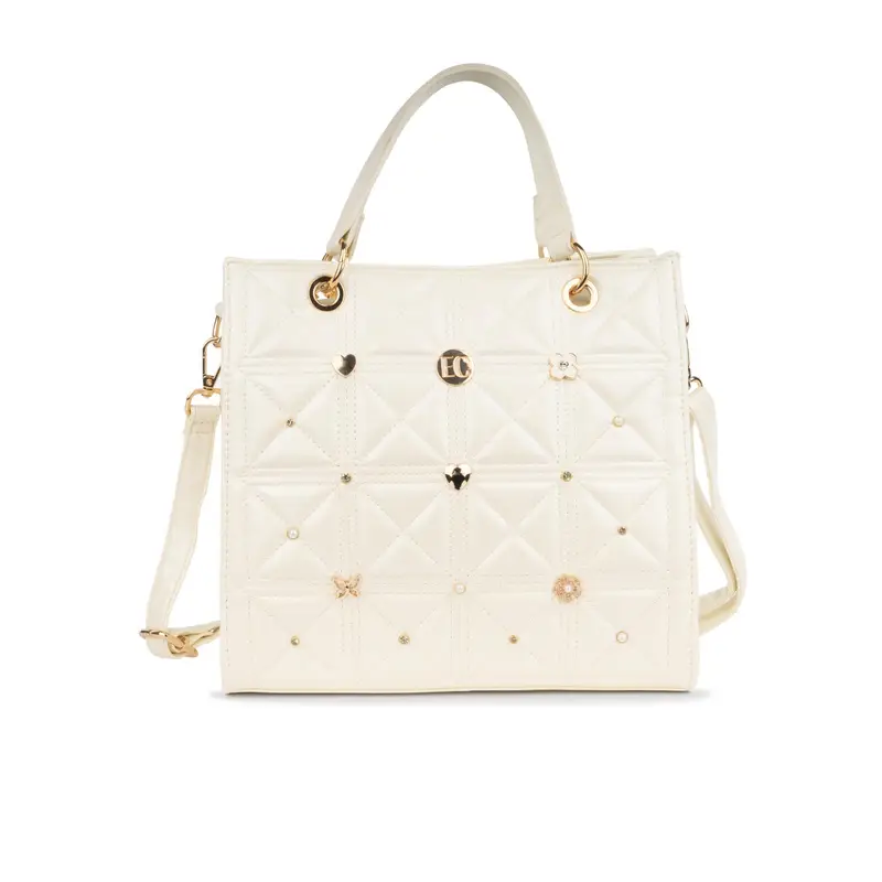 Tote bag bianca da donna effetto trapuntato con applicazioni