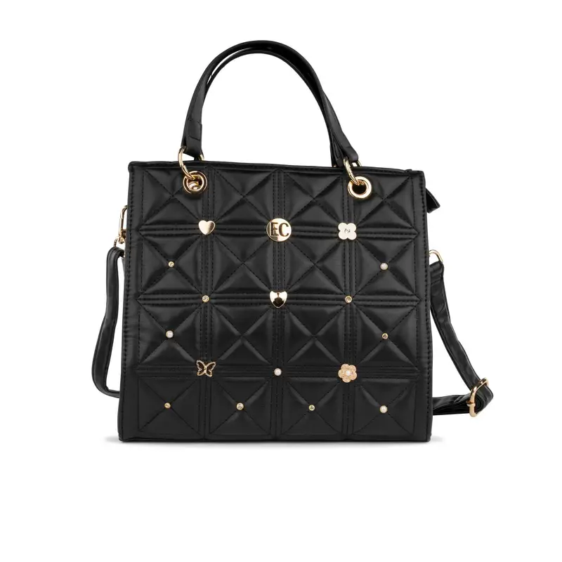Tote bag nera da donna effetto trapuntato con applicazioni
