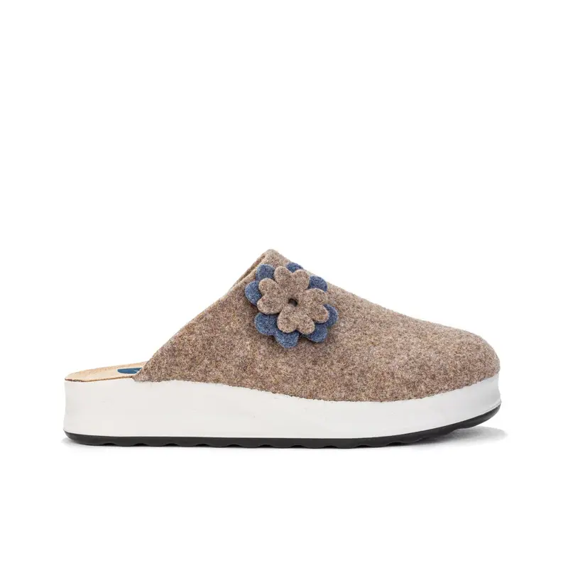 Ciabatte donna da casa beige con fiori e suola platform