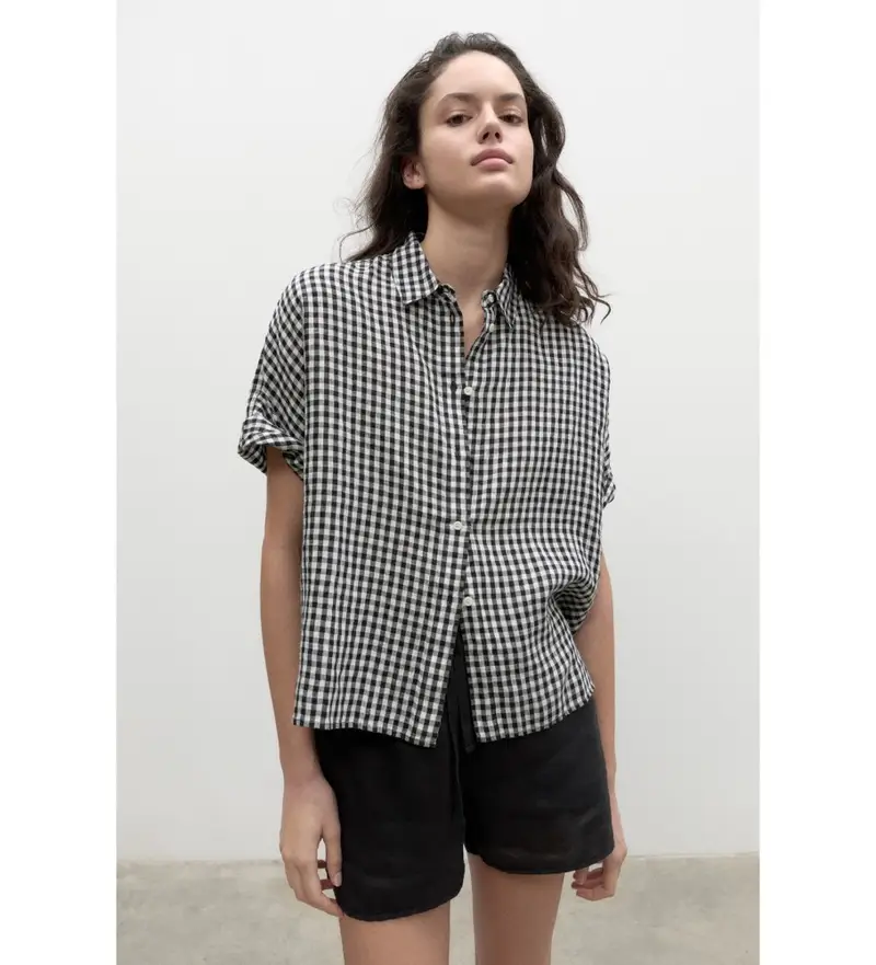 per donna. GASRMELAI0371WS23-319 Camicia nera Vichy di Melaniaalf (S), Nero, Casual, Lino, Manica corta, Sostenibile