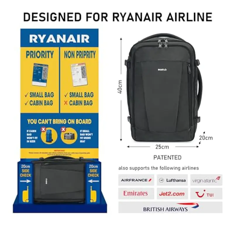 ECOHUB - Bagaglio a mano per voli Ryanair, 40 x 20 x 25 cm, Grigio, 40x20x25cm miniatura 2