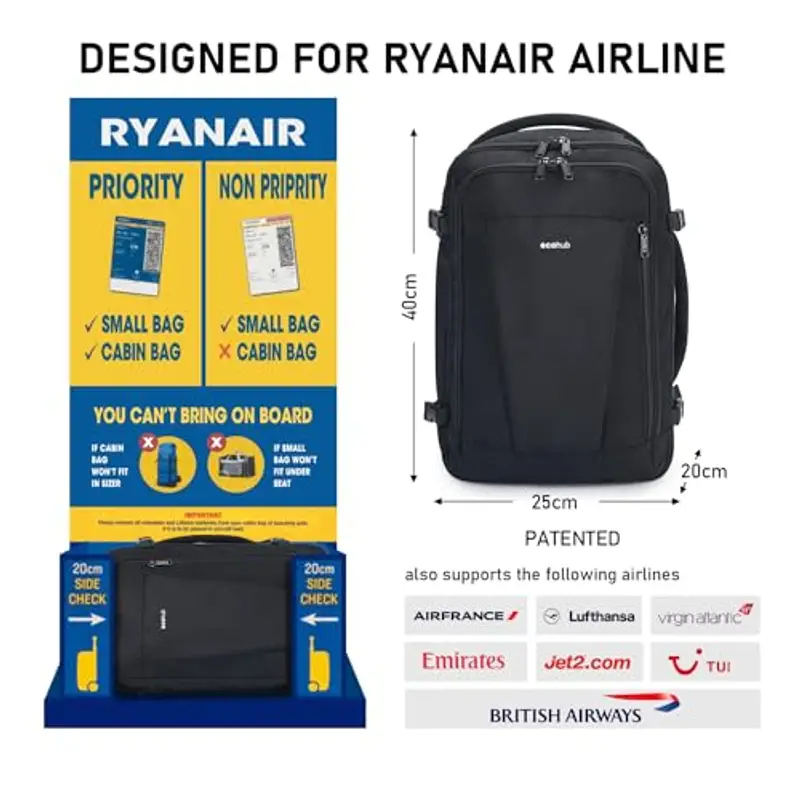 ECOHUB - Bagaglio a mano per voli Ryanair, 40 x 20 x 25 cm, Nero, 40x20x25cm miniatura 3
