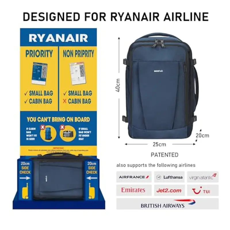 ECOHUB Zaino Ryanair 40x20x25 da Viaggio 13 Tasche Bagaglio a Mano Valigia Sotto il Sedile Maniglia Borsa Aereo miniatura 2